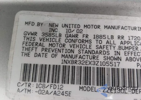 2003 Toyota Corolla Ce/Le/S from USA, damaged, VIN 1NXBR32EX3Z105517